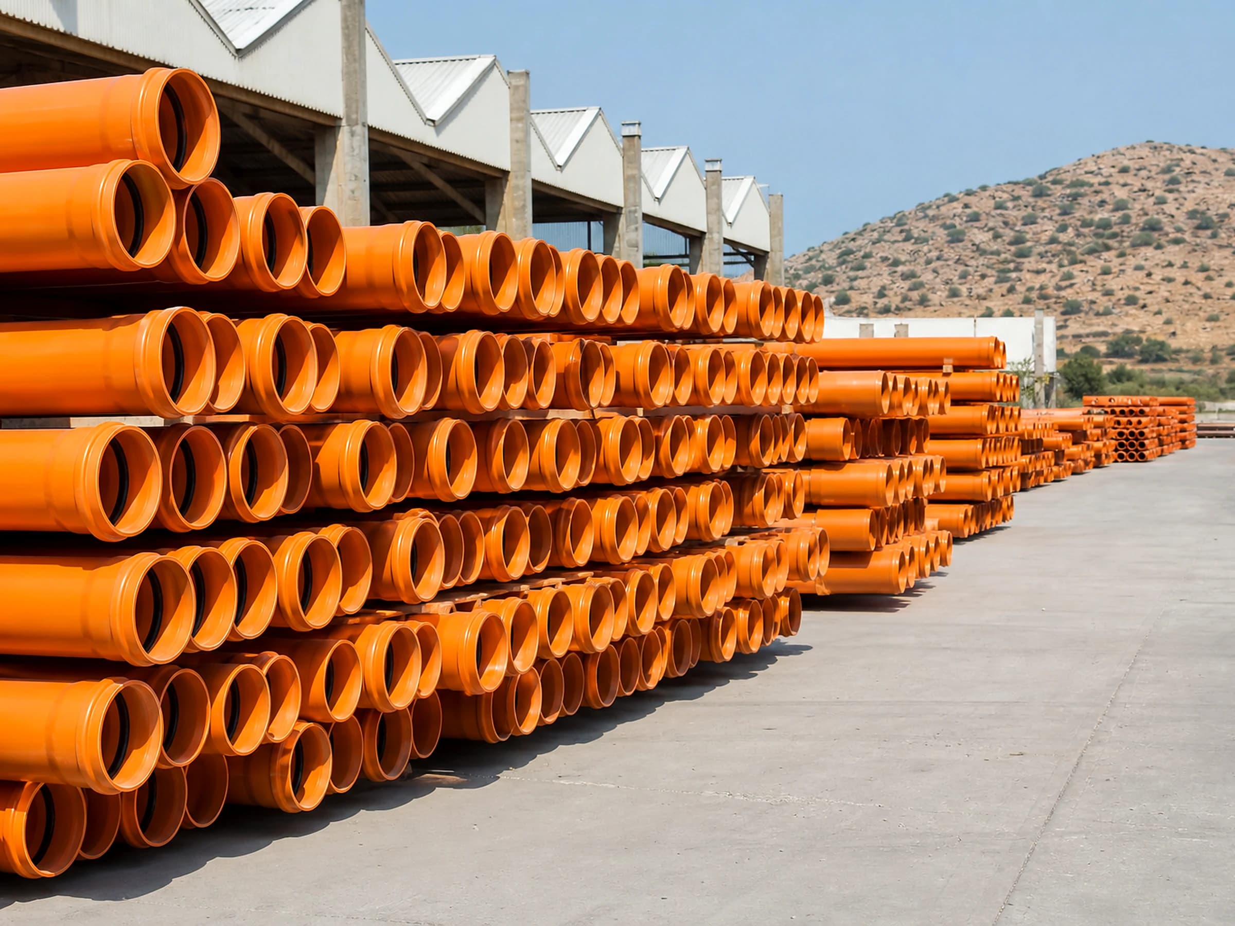 Orange uPVC sewer pipes stacked in the factory yard